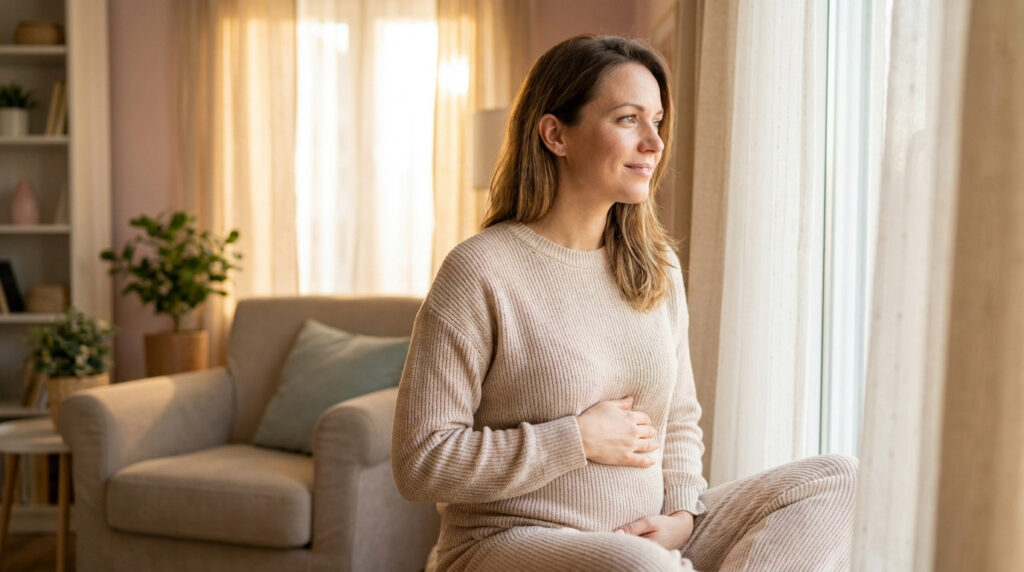 Une femme enceinte souriante assise près d'une fenêtre dans un salon lumineux, posant doucement sa main sur son ventre.